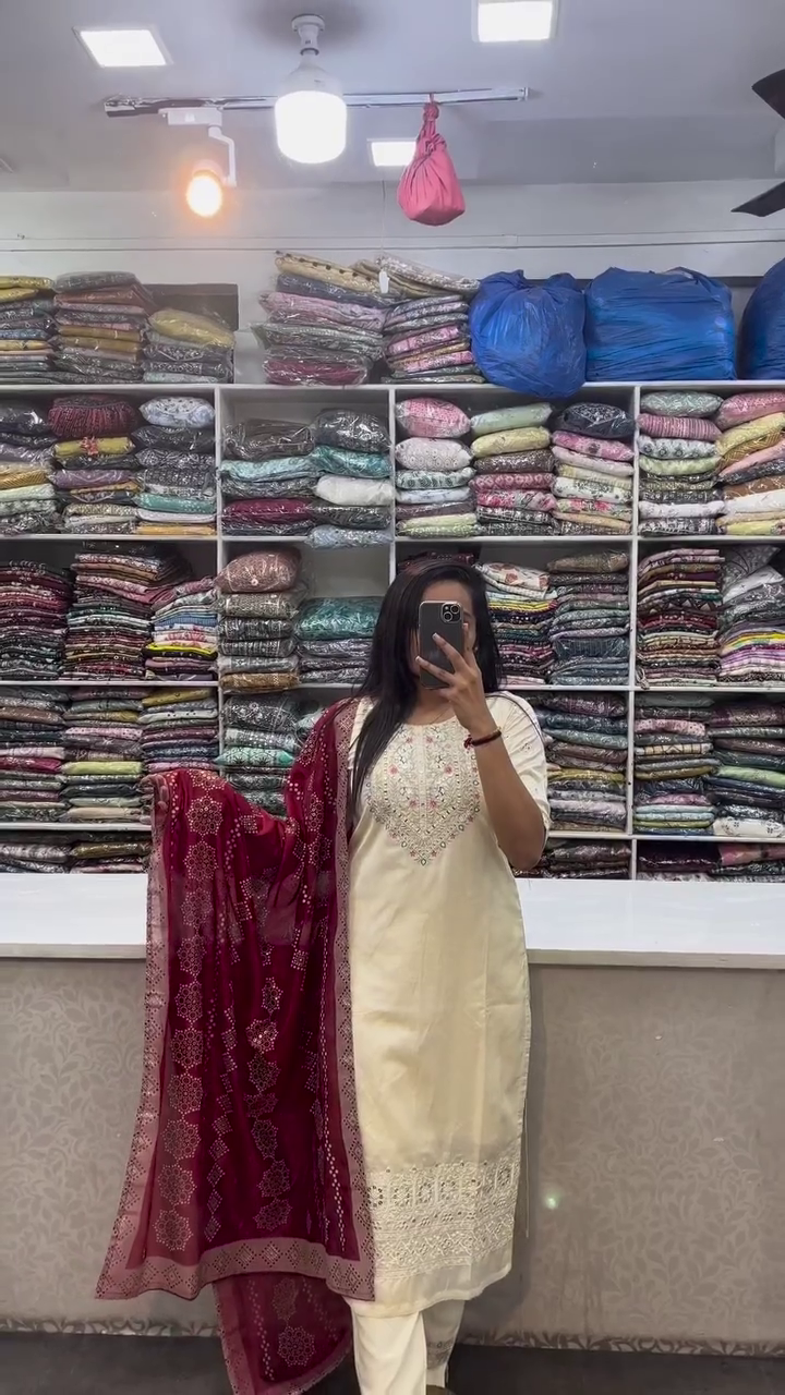 Graceful off-white kurta set adorned with delicate embroidery and lace hem. Paired with a rich maroon dupatta featuring intricate bandhani-inspired motifs — a perfect blend of subtle and statement.