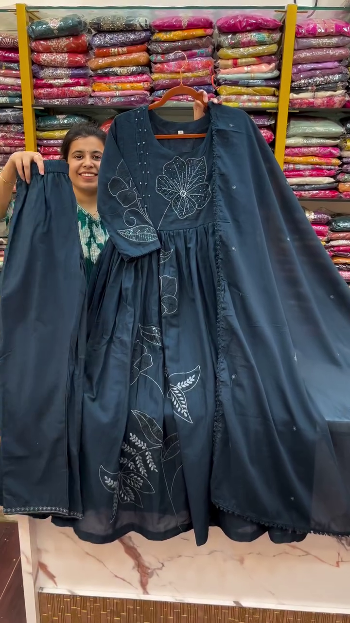 Cotton Anarkali Suit Set Featuring Intricate White Floral Thread Embroidery on the Kurta, Coordinated Solid Bottoms, and a Flowing Dupatta – A Graceful Blend of Traditional Craft and Comfort for Festive and Casual Wear