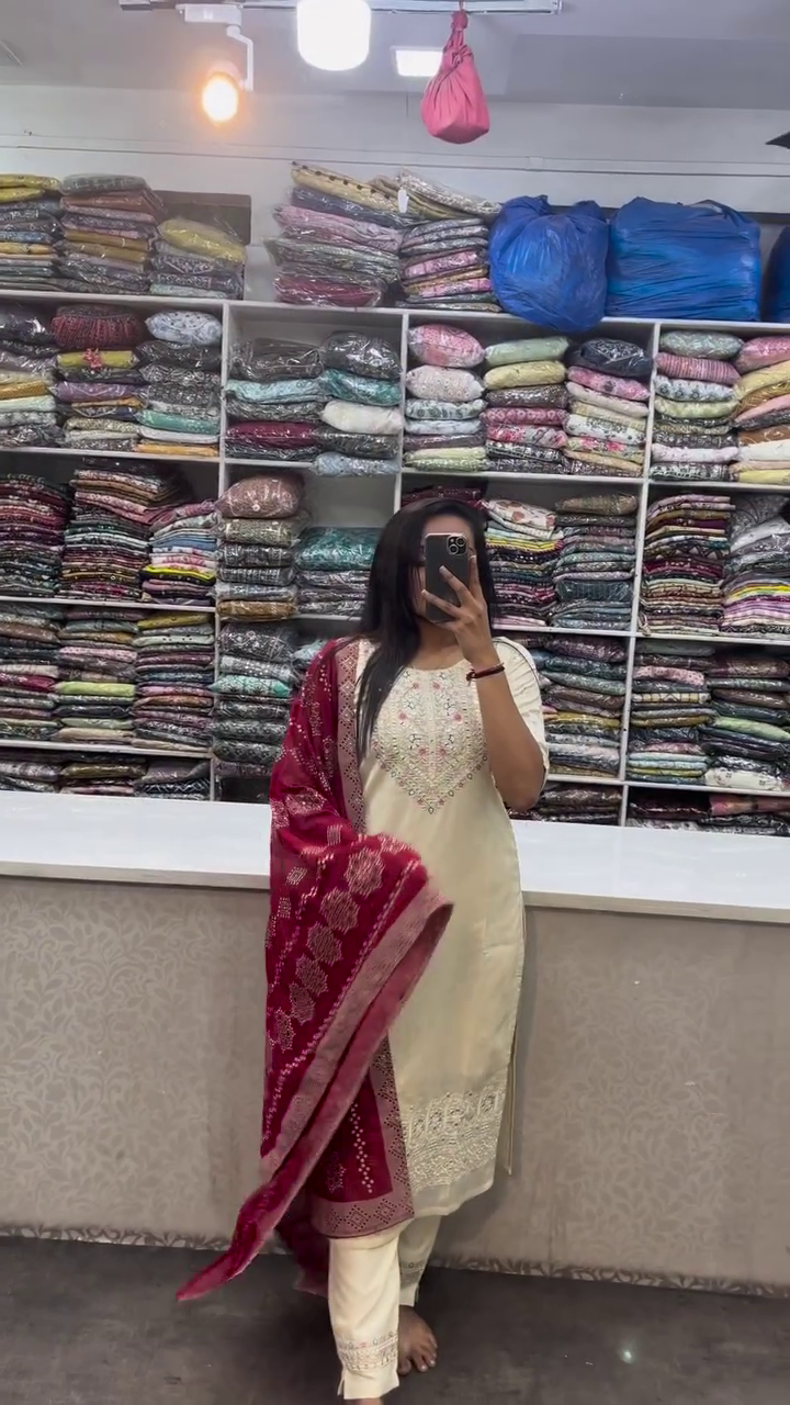 Graceful off-white kurta set adorned with delicate embroidery and lace hem. Paired with a rich maroon dupatta featuring intricate bandhani-inspired motifs — a perfect blend of subtle and statement.
