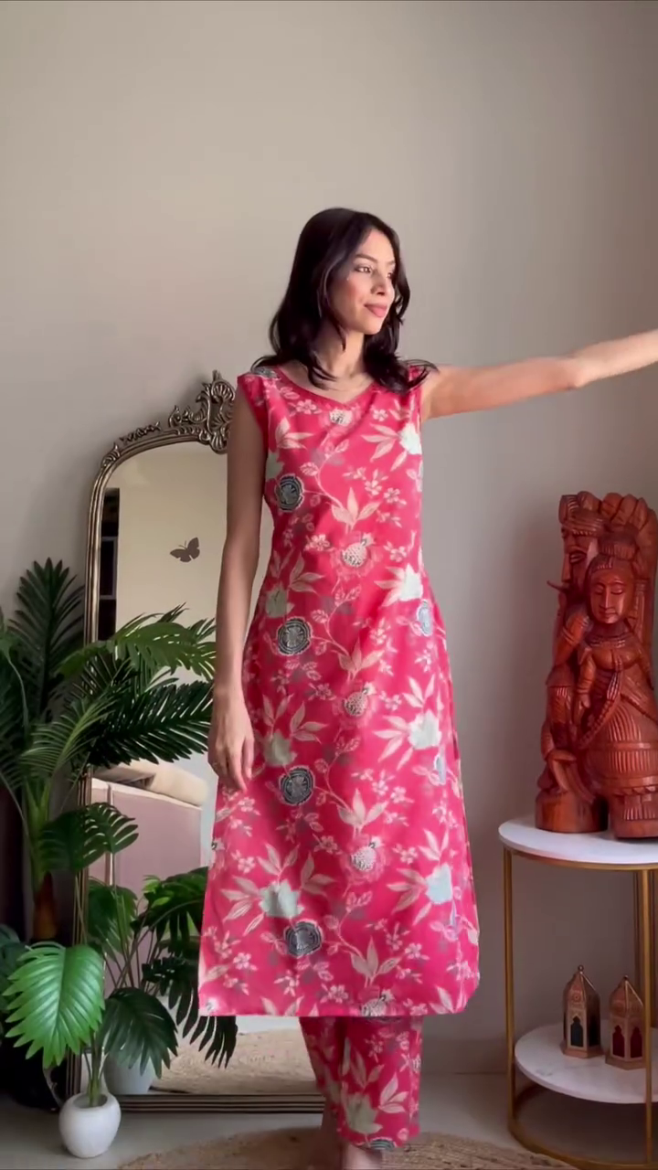 Dual Cotton Kurta Set Combo Featuring Floral Printed Kurta with Delicate Lace Detailing and Matching Pants Paired with Sleeveless Ikat-Inspired Printed Set for a Vibrant, Breezy, and Comfortable Everyday Ethnic Look