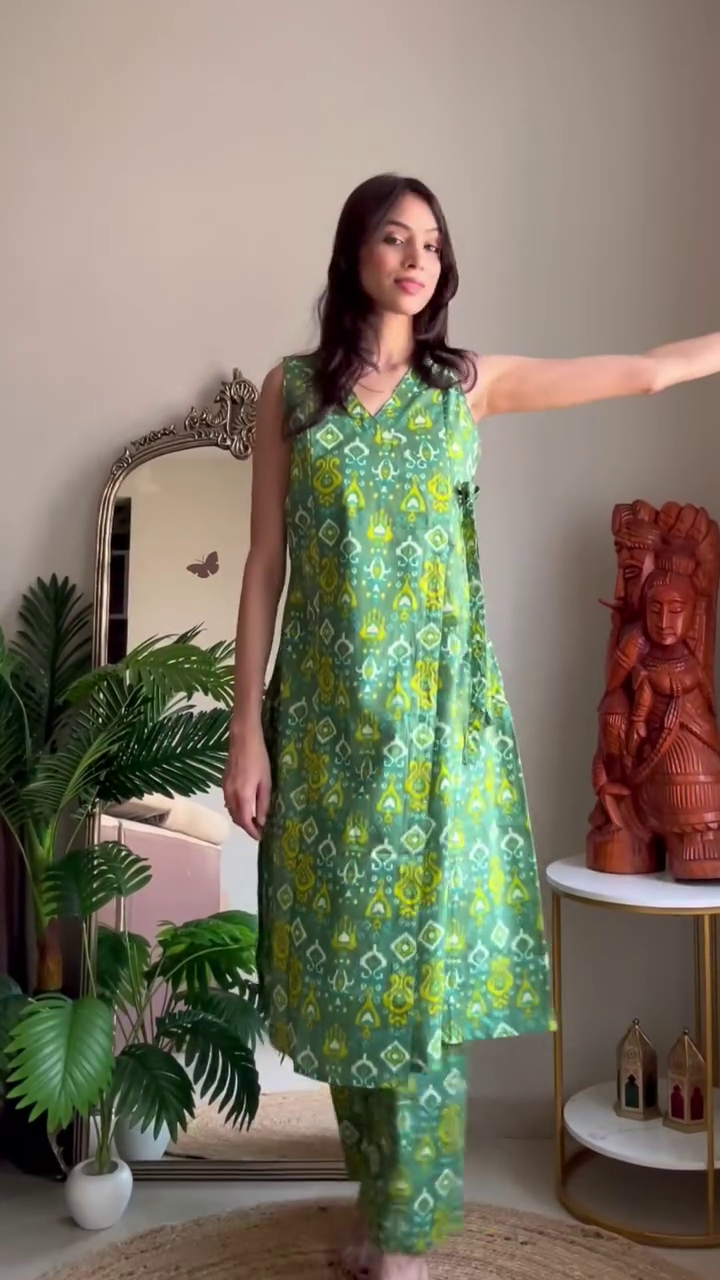 Dual Cotton Kurta Set Combo Featuring Floral Printed Kurta with Delicate Lace Detailing and Matching Pants Paired with Sleeveless Ikat-Inspired Printed Set for a Vibrant, Breezy, and Comfortable Everyday Ethnic Look