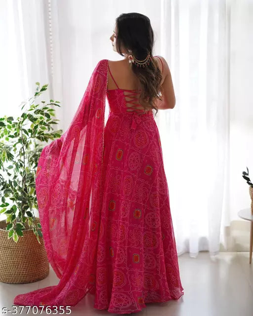 Presenting New Designer Pure Soft Lightweight Chiffon Bandhej Fully Flair Gown,duppta ,pent Set Ready To Wear Fully Sttich
