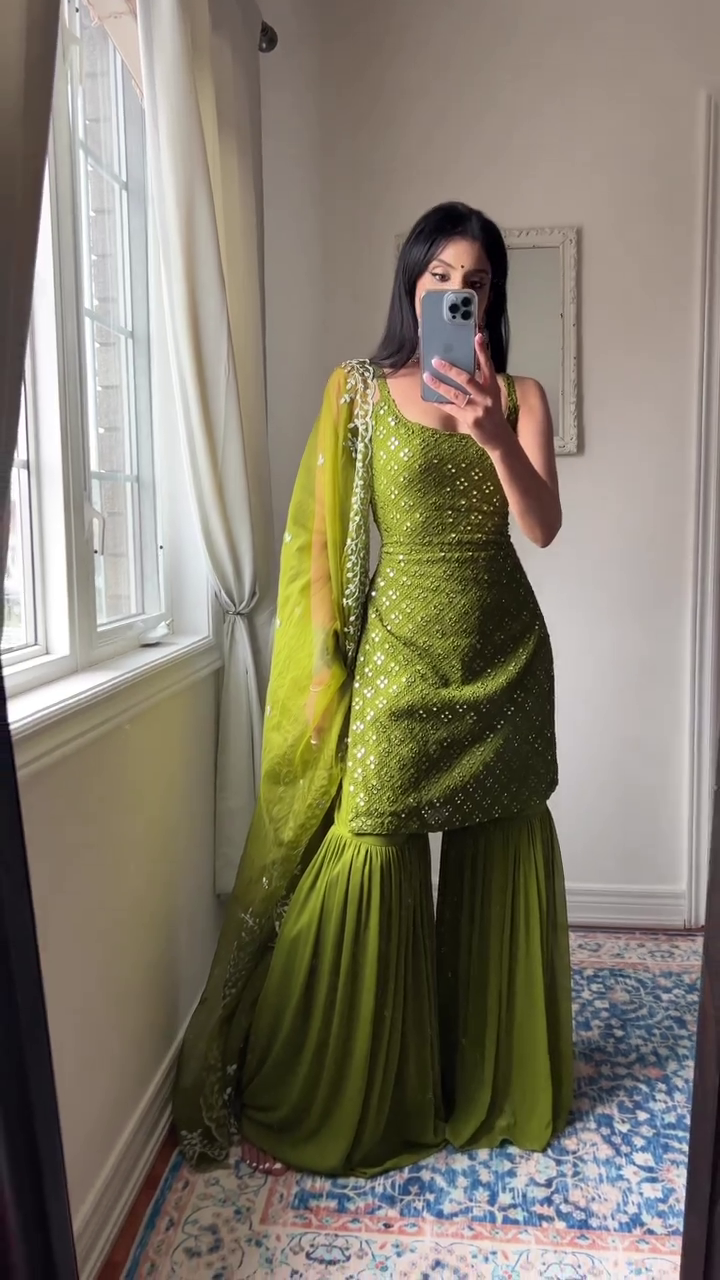 Green Kurti With Sharara And Dupatta Set For Women, Kurta And Kurti Set, Wedding Wear Sharara