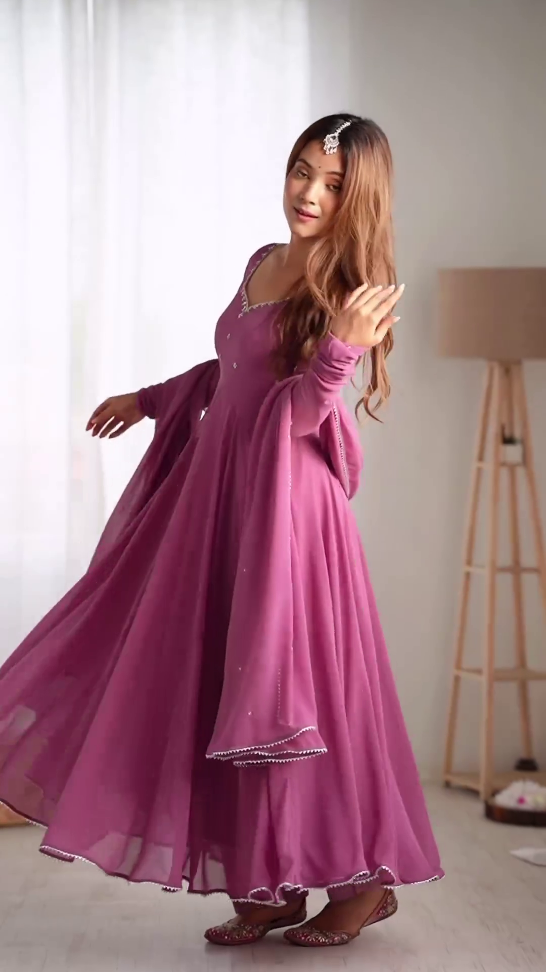 Plan Anarkali Long Churidar Embraided Sleeve Kurta With Dupatta Set