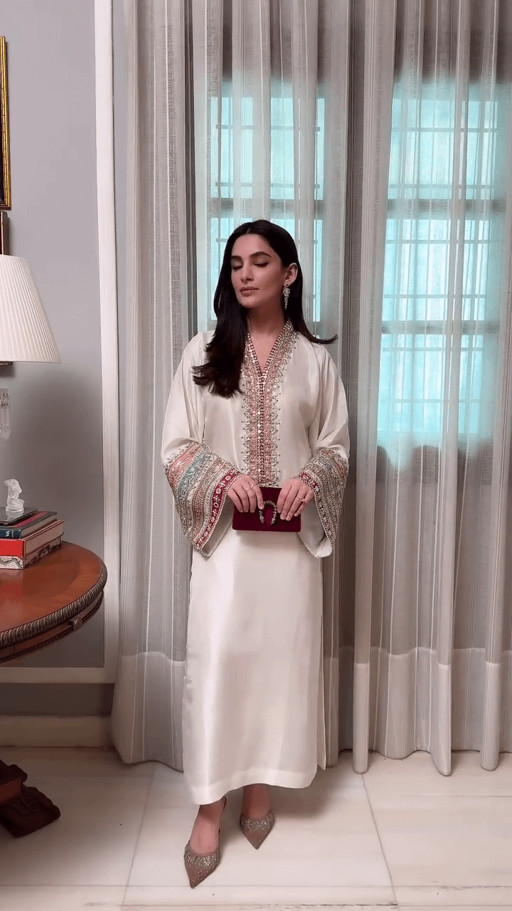 Luxury Embroidered Silk Kaftan Dress – Full-Length Satin Abaya with Intricate Handwork & Beaded Sleeves