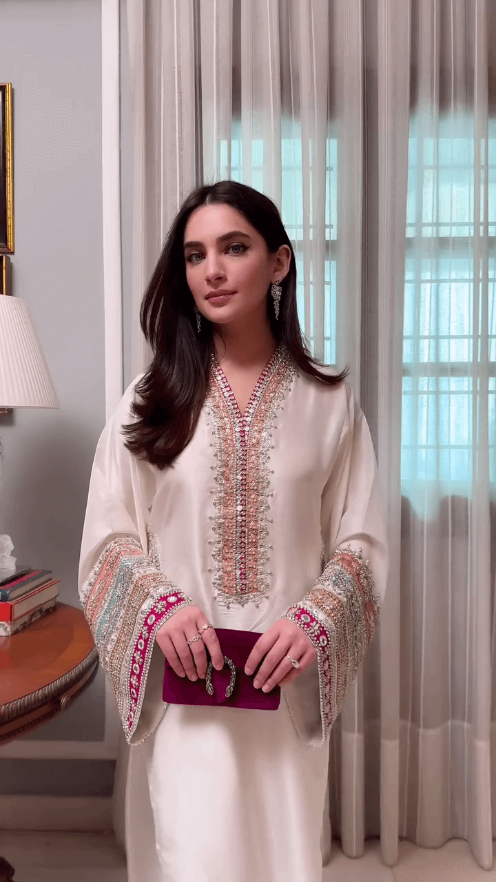 Luxury Embroidered Silk Kaftan Dress – Full-Length Satin Abaya with Intricate Handwork & Beaded Sleeves