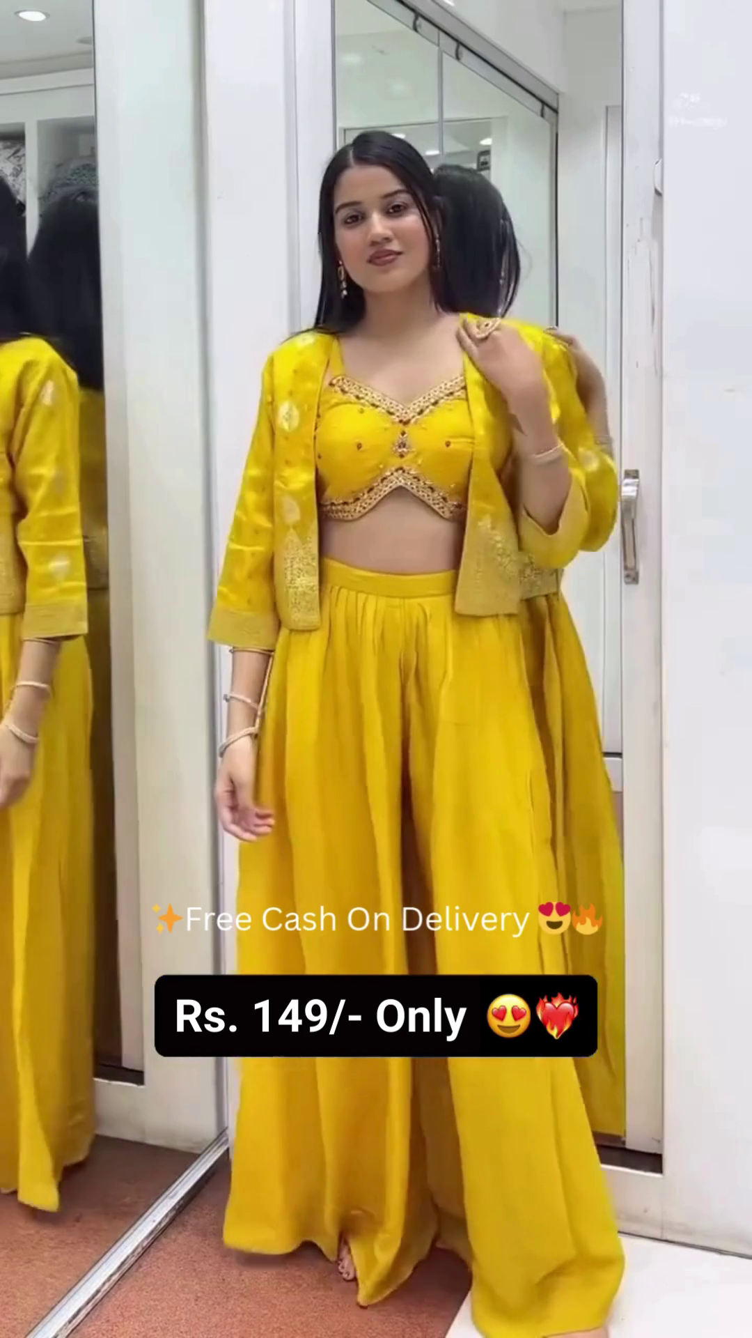 Bright Yellow Designer Ethnic Co-ord Set for Women – Stylish Embroidered Crop Top with Mirror Work Detailing, Flowy Palazzo Pants and Matching Jacket