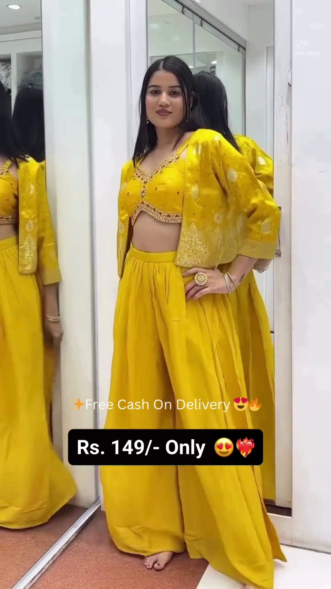 Bright Yellow Designer Ethnic Co-ord Set for Women – Stylish Embroidered Crop Top with Mirror Work Detailing, Flowy Palazzo Pants and Matching Jacket